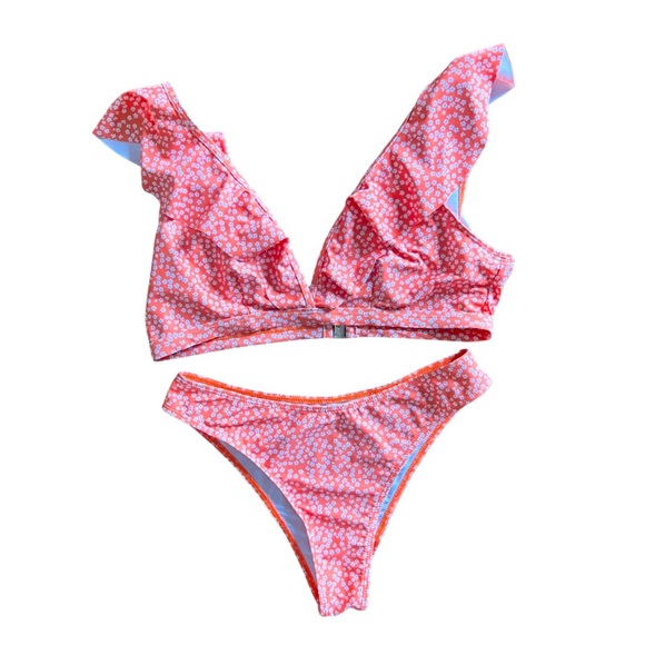 Ruffle top pink floral bikini, size Large - Picture 1 of 14